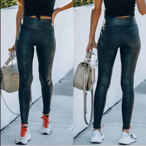 SPANX Pants - Spanx High Waisted Faux Leather Metallic Black Leggings Womens Size L